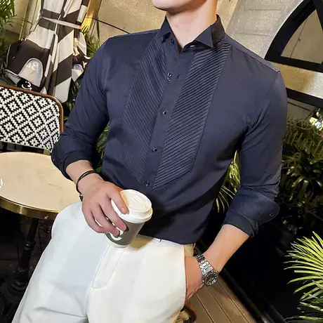 绅士商务宴会新郎婚礼正式礼服法式翼领衬衫男长袖风琴褶气质衬衣图片