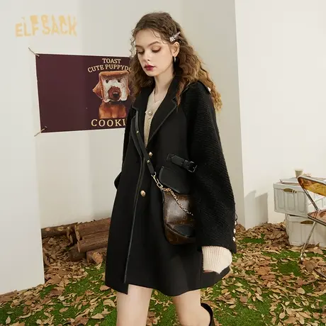妖精的口袋黑色毛呢外套女2023秋冬季新款小个子中长款大衣高级感图片