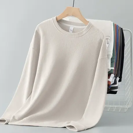 华夫格男士卫衣秋冬保暖加绒加厚圆领无帽上衣服长袖t恤潮流百搭商品大图