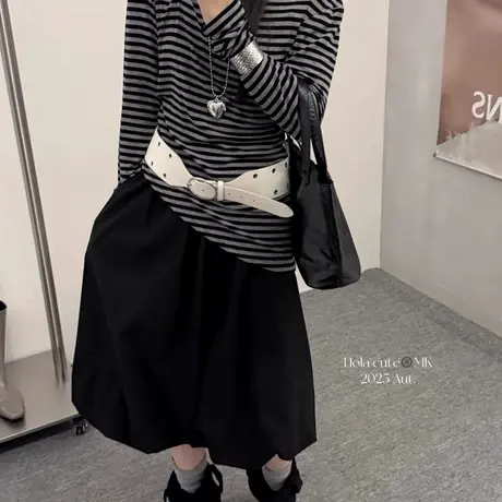 韩国东大门秋季新款设计感小众露肩T恤斜肩长袖显瘦条纹上衣女潮商品大图