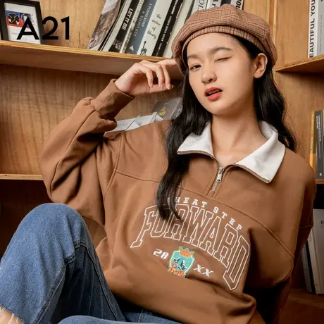 A21女装针织韩版翻领落肩长袖半开筒中长衫商品大图