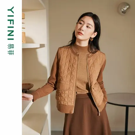 [专柜同款]Yifini/易菲薄款保暖针织拼接宽松短款棉服外套棉衣女商品大图
