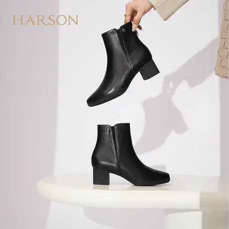 哈森秋冬新款短靴女粗跟时装靴短筒牛皮女靴通勤小踝靴HA227915商品大图