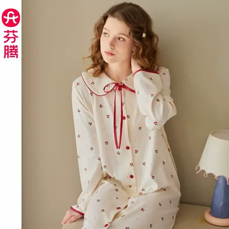 芬腾睡裙女春秋季纯棉长袖睡衣裙甜美女款秋天休闲大码全棉家居服商品大图