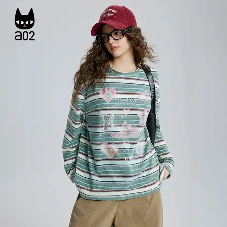 a02黑猫系列宽松条纹圆领长袖T恤女2025新款秋季打底衫设计感上衣商品大图