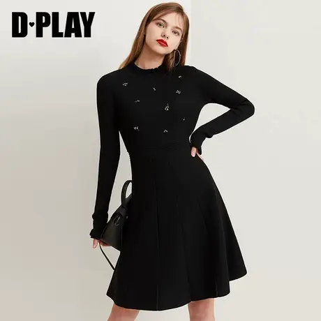 DPLAY德帕拉冬装年新品欧美黑色手工钉珠修身显瘦针织连衣裙商品大图