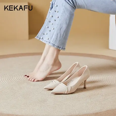 珂卡芙法式高跟鞋女2023年秋季新款细跟尖头单鞋子米白色女鞋小众商品大图