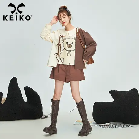 时髦小熊印花娃娃领长袖衬衫女2023春季别致拼色漂亮小衫上衣图片