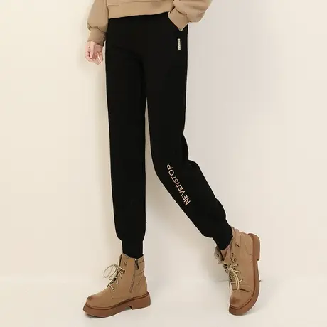 新品8.5折】松紧腰刺绣加绒休闲卫裤女哈伦束脚运动裤子图片