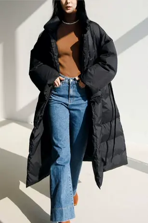 冬季女士棉服女中长款韩版时尚系带休闲棉袄宽松过膝羽绒棉服外套商品大图