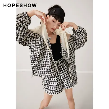 红袖outlets设计感拼接千鸟格外套hopeshow2023秋款薄款防晒衣女商品大图