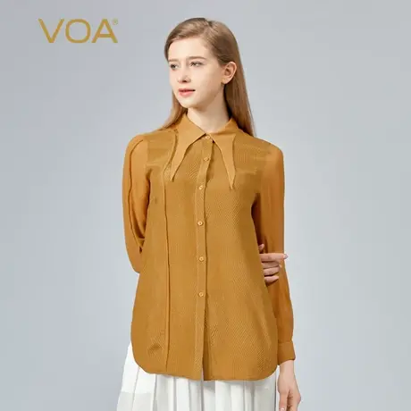 VOA暗纹提花桑蚕丝拼接乔其丝绸尖领长袖对丝设计感宽松通勤衬衫商品大图