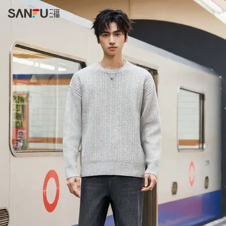 三福2023冬男士皮质贴标花纱毛衣 休闲复古宽松圆领上衣478760商品大图