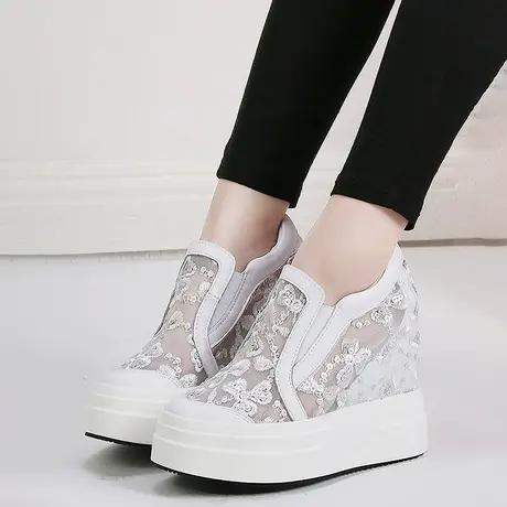 内增高小白鞋女夏季2023新款绣花浅口休闲乐福鞋蕾丝甜美坡跟单鞋商品大图