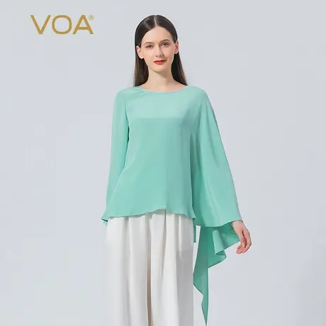 VOA真丝30姆米重磅绿色圆领衬衫长袖不对称简约百搭桑蚕丝T恤衫图片