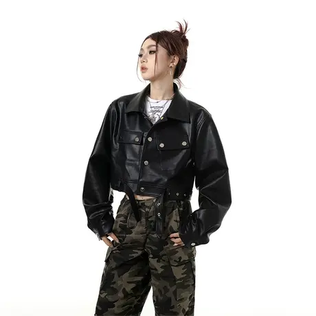 黑色短款皮衣女2023新款春秋款复古辣妹风pu皮夹克外套宽松上衣潮商品大图