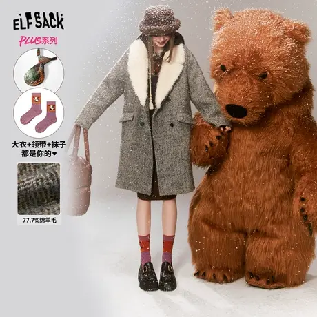 妖精的口袋双排扣毛呢大衣女2023冬季新款灰色复古长款呢子外套图片