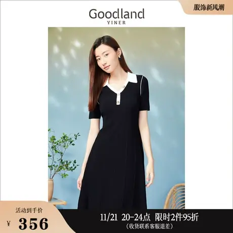Goodland美地女装2023春季通勤黑白撞色海鸥领针织连衣裙图片