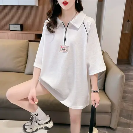 翻领polo衫短袖t恤女夏季韩版宽松大码女装中长款重工拉链上衣服商品大图