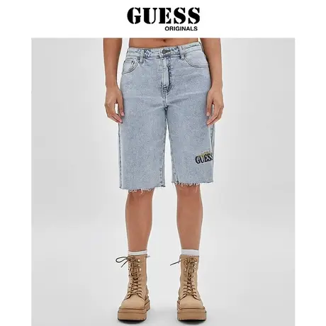 GUESSOriginals  女刺绣LOGO直筒五分牛仔中裤-W3GG17D4ON0商品大图