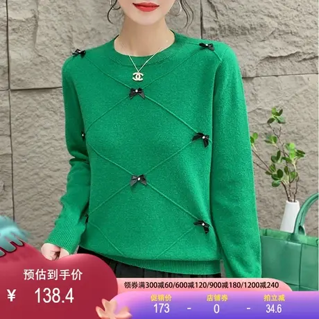 全羊毛圆领毛衣重工手工缝制蝴蝶结羊绒质感韩范慵懒风休闲套头女图片