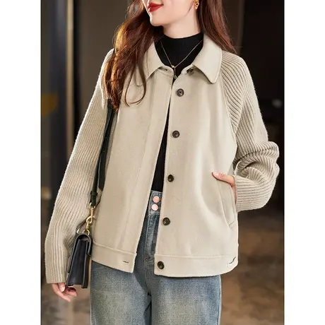 宝诗黎翻领针织拼接羊毛毛呢外套2023秋季新款时尚温柔上衣外套女商品大图