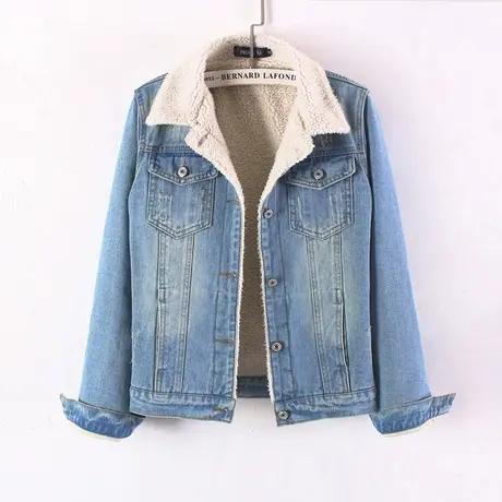 牛仔棉衣棉服加绒加厚女新款秋冬羊羔毛外套短款显瘦大码带帽图片