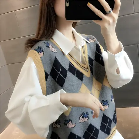 春秋款V领套头针织马甲女复古菱形提花无袖坎肩宽松外搭背心上衣图片