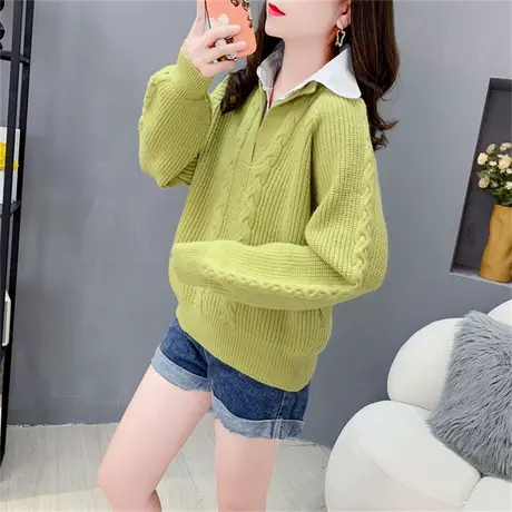 假两件衬衫领拼接毛衣女秋冬季设计感小众宽松外穿打底针织衫上衣商品大图