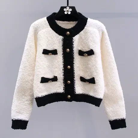 小香风撞色短款毛衣外套女秋冬2023新款显瘦时尚洋气百搭针织开衫商品大图