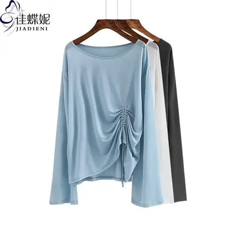 春秋新款圆领薄款宽松大码休闲韩版长袖体恤防晒衫女上衣纯色T恤商品大图