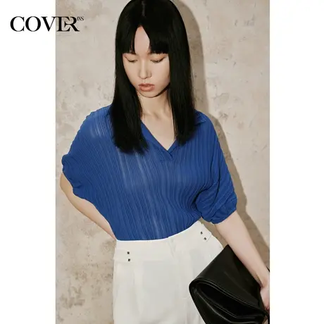 COVER夏季轻商务竖条纹褶皱丝绵针织衫商品大图