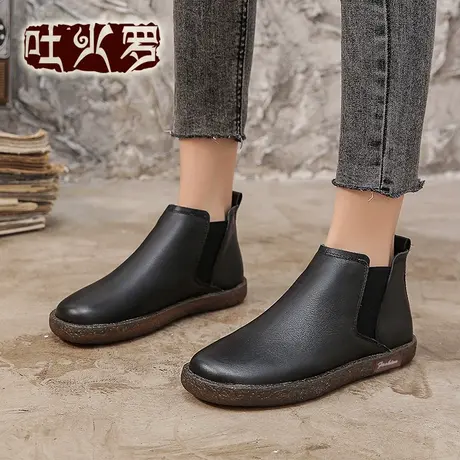 吐火罗女鞋2021新款深口平底马丁靴女英伦风短靴牛筋底休闲靴子女商品大图