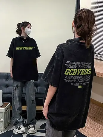 美式复古水洗做旧短袖t恤女2024新款夏季潮牌情侣装半袖宽松上衣商品大图