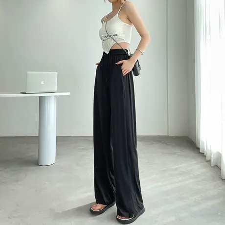 黑色冰丝阔腿裤女夏季薄款高腰宽松休闲窄版垂感速干开叉直筒裤子商品大图