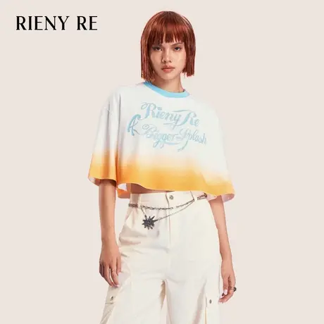 RIENYRE短袖女2023夏季新款夏日多巴胺撞色T恤宽松复古短款上衣图片