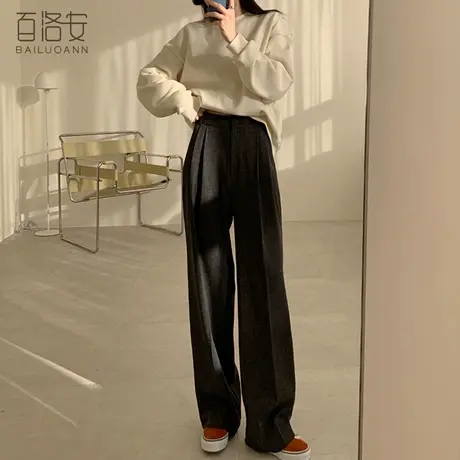百洛安高腰阔腿裤女春季新款气质宽松垂感显瘦直筒裤OL通勤西装裤图片