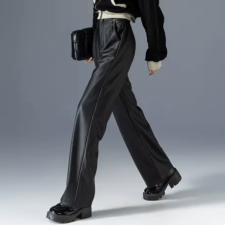 高级感黑色皮裤女秋冬2024新款显瘦裤子冬季休闲加绒裤直筒阔腿裤图片