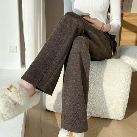 咖啡色窄版毛呢阔腿裤女秋冬款宽松显瘦加厚休闲裤高腰羊绒直筒裤图片