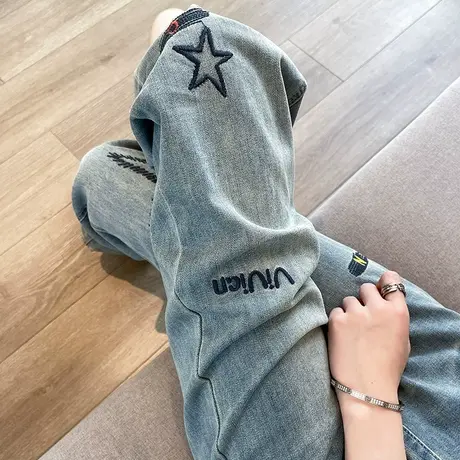 刺绣印花阔腿牛仔裤女春秋新款高腰窄版直筒显瘦大码复古拖地裤潮图片