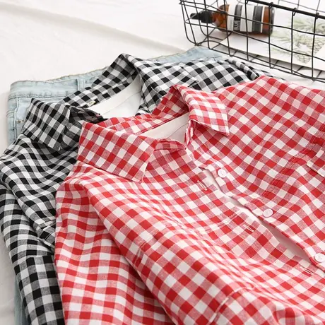 早秋韩版港风黑白小格子衬衫女宽松复古长袖外套百搭学生上衣显瘦图片