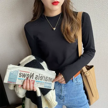 小立领黑色打底衫女秋冬基础款磨毛加厚上衣内搭高级感长袖t恤女商品大图