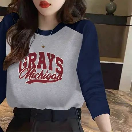 磨毛T恤女撞色插肩袖圆领印花上衣2022秋冬款纯棉内搭秋衣打底衫图片