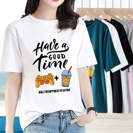 2024年夏季新款白色字母t恤女休闲宽松百搭简约半袖印花上衣ins潮商品大图