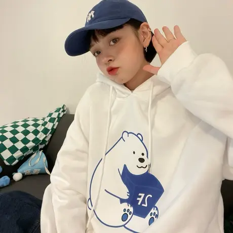 红续卡通小熊加绒加厚白色连帽卫衣女ins学院风外套上衣秋冬新款图片