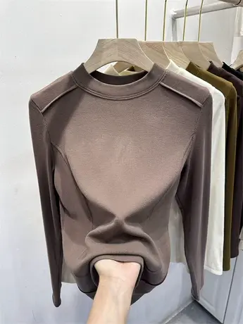 欧货基础款长袖磨毛t恤女秋冬2023年新款修身内搭黑色打底衫上衣商品大图