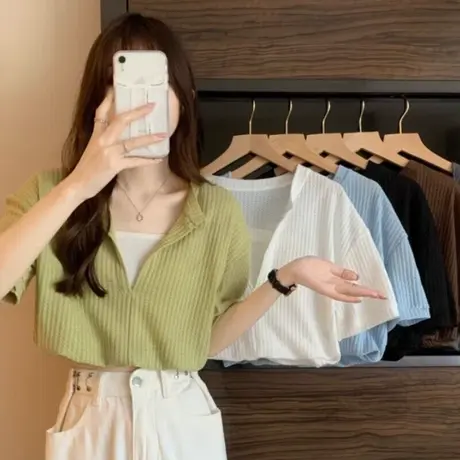 洋气减龄华夫格短袖T恤女夏季韩版百搭宽松显瘦假两件短款上衣潮商品大图