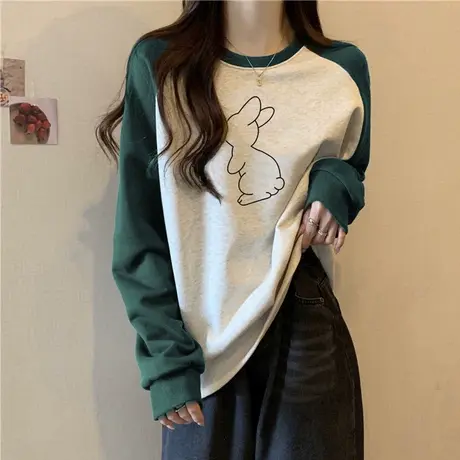 插肩无帽卫衣女秋冬宽松拼接撞色长袖上衣服加绒加厚oversize外套商品大图