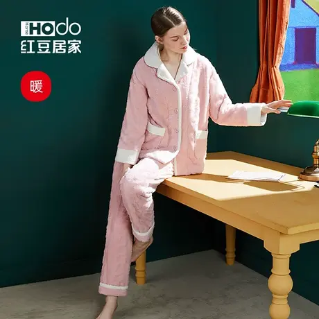 【暖感】红豆女秋冬珊瑚绒睡衣大码休闲套装加厚法兰绒保暖家居服商品大图