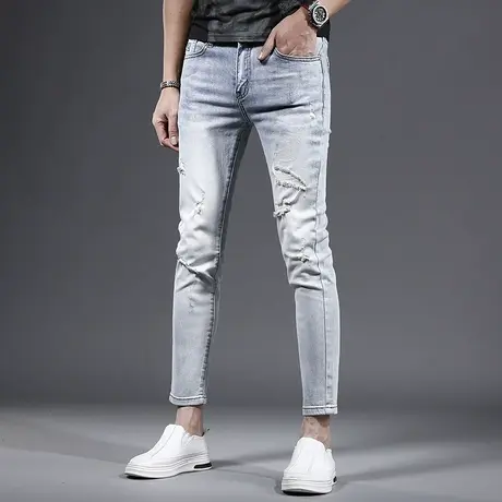 破洞九分牛仔裤男修身小脚2023新款夏季薄款弹力休闲男士裤子9分商品大图